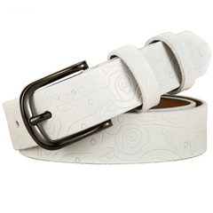Women’s Floral Genuine Leather Belt — 28mm Rose Pattern with Metal Pin Buckle