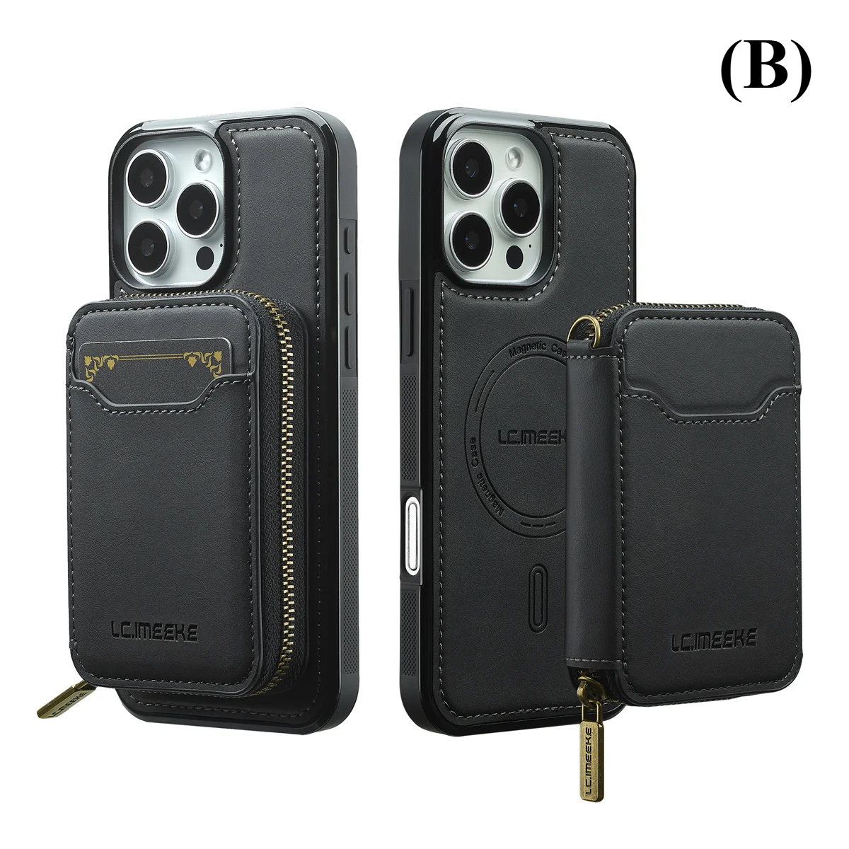 2 in 1 MagSafe Magnetic Leather Wallet & Card Holder Case - for iPhone 15 Series - B - Black / Pro Max - Phone Cases
