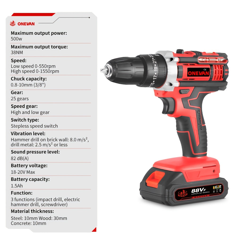 Cordless Electric Impact Drill Kit – 2 Batteries + Toolbox