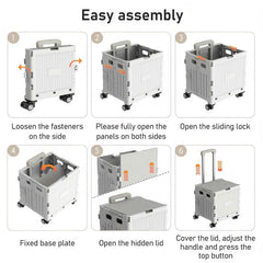 Portable Rolling Handcart with Lid & 360° Wheels Collapsible Tool Box & Shopping Trolley for Grocery, Office, Travel, and Luggage