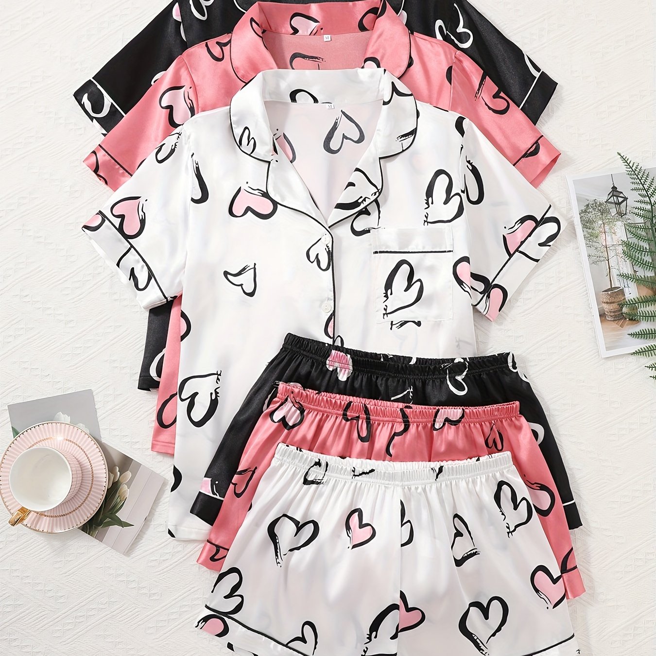 Women’s Love Print Satin – 3-Piece Pajama Set by Snagg A Pajama