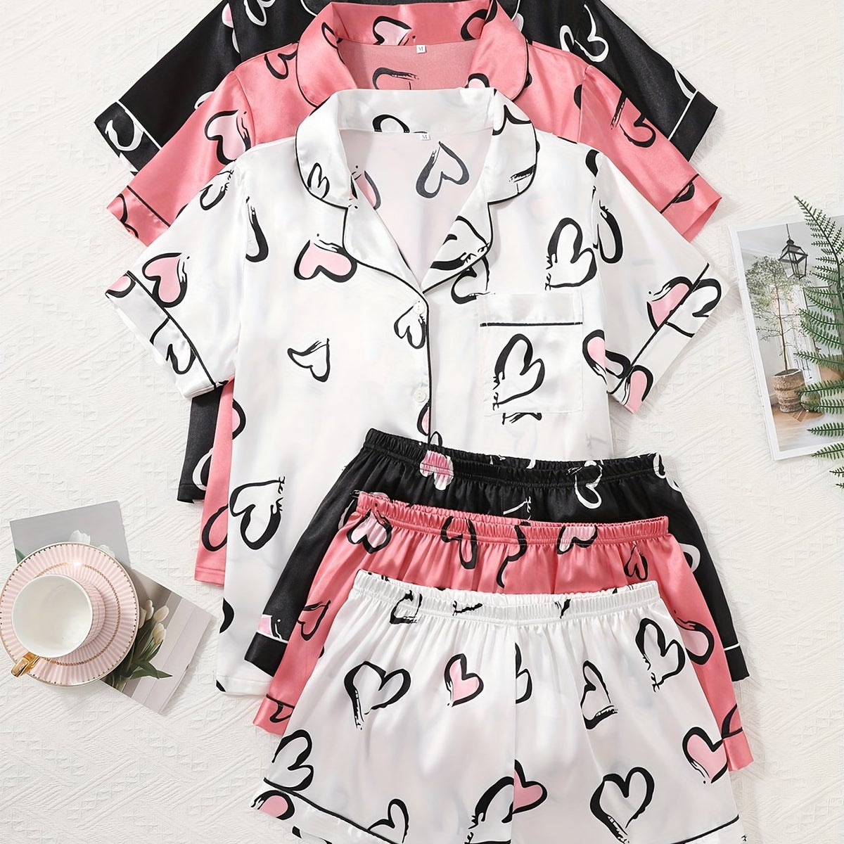 Women’s Love Print Satin – 3-Piece Pajama Set by Snagg A Pajama