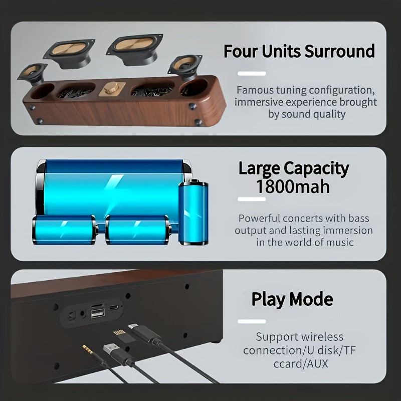 Retro Wood Grain Soundbar – Dual Wireless Speakers with USB, Card Slot & Mic Input by Snagg A Portable Speaker