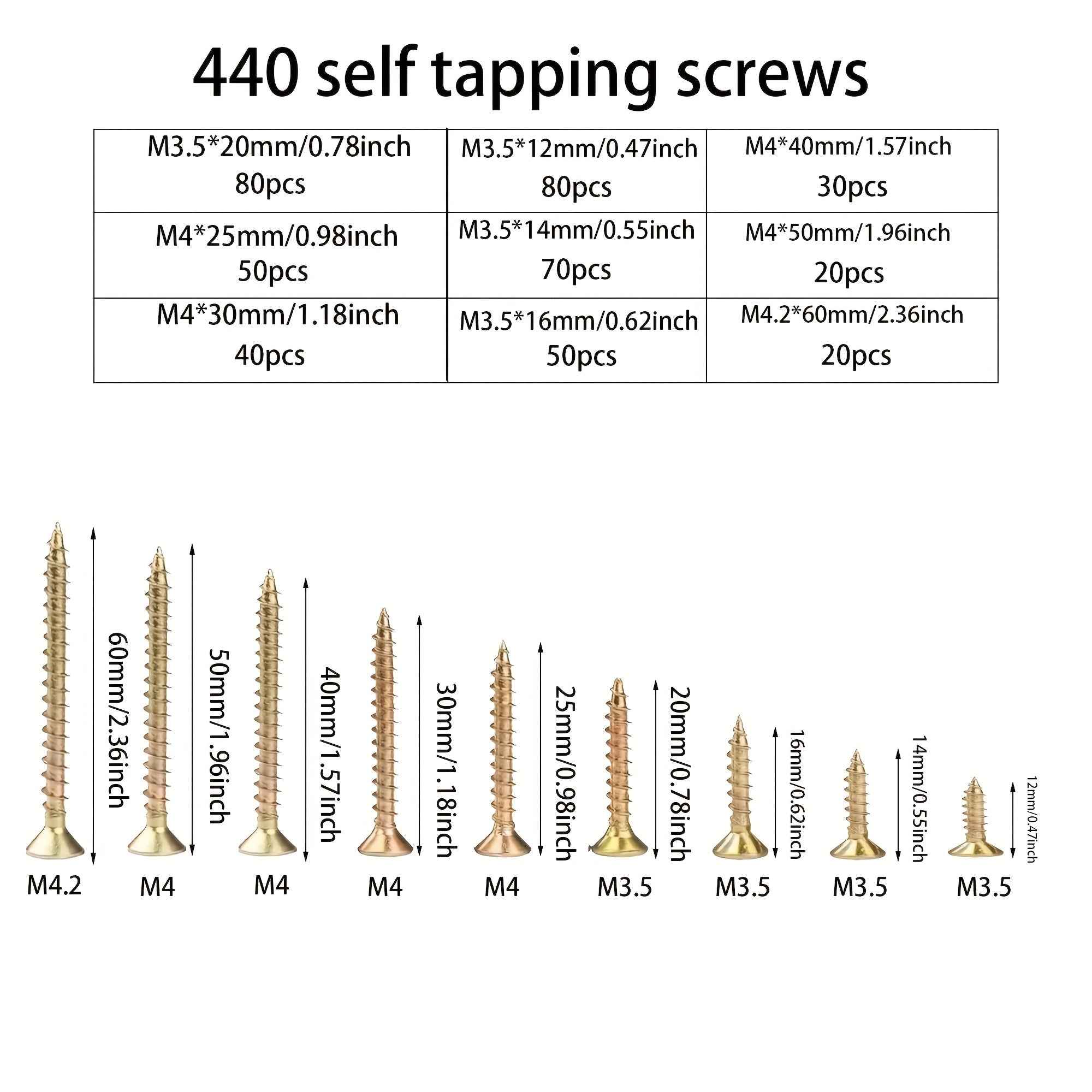 440 Pack Self Tapping Wood Screw Kit — Colour Galvanized M3.5/M4 Screws in 25–60mm Sizes - 440pcs M4/3.5 Length