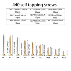 440 Pack Self Tapping Wood Screw Kit — Colour Galvanized M3.5/M4 Screws in 25–60mm Sizes - 440pcs M4/3.5 Length