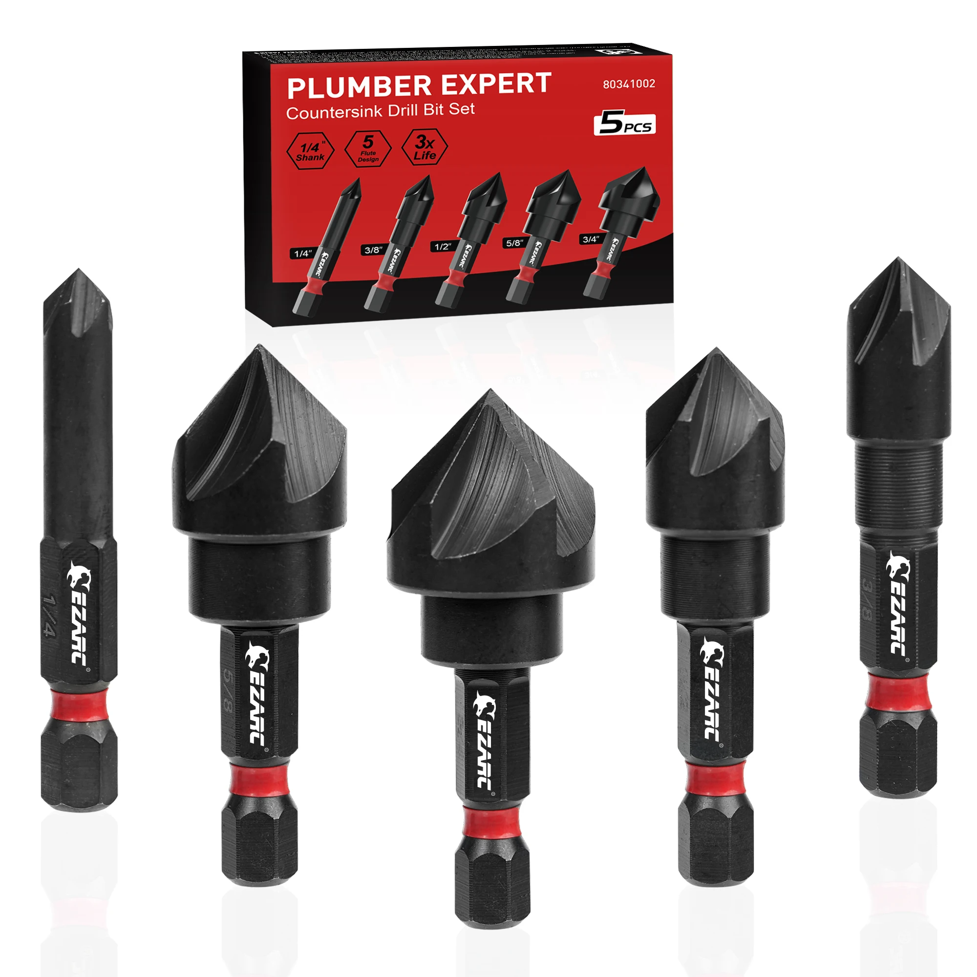 5pcs Countersink Drill Bit Set for Metal | 82° 5-Flute 1/4" Hex Shank 1/4"–3/4" Black Oxide HSS