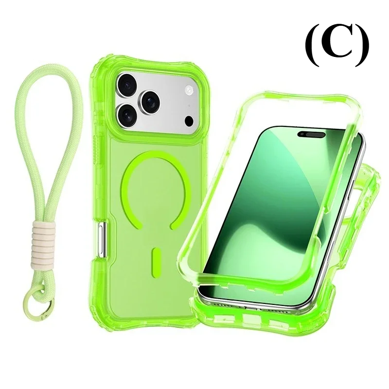 Shockproof Armor 3 in 1 Magnetic Case with Wrist Strap – for iPhone 17 Series - C - Fluorescent Green / iPhone17