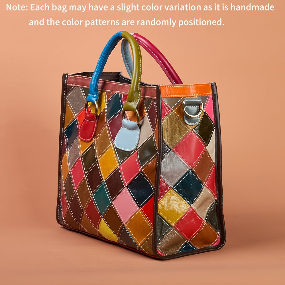 Multicolor Plaid Leather Tote Bag by Snagg A Bag