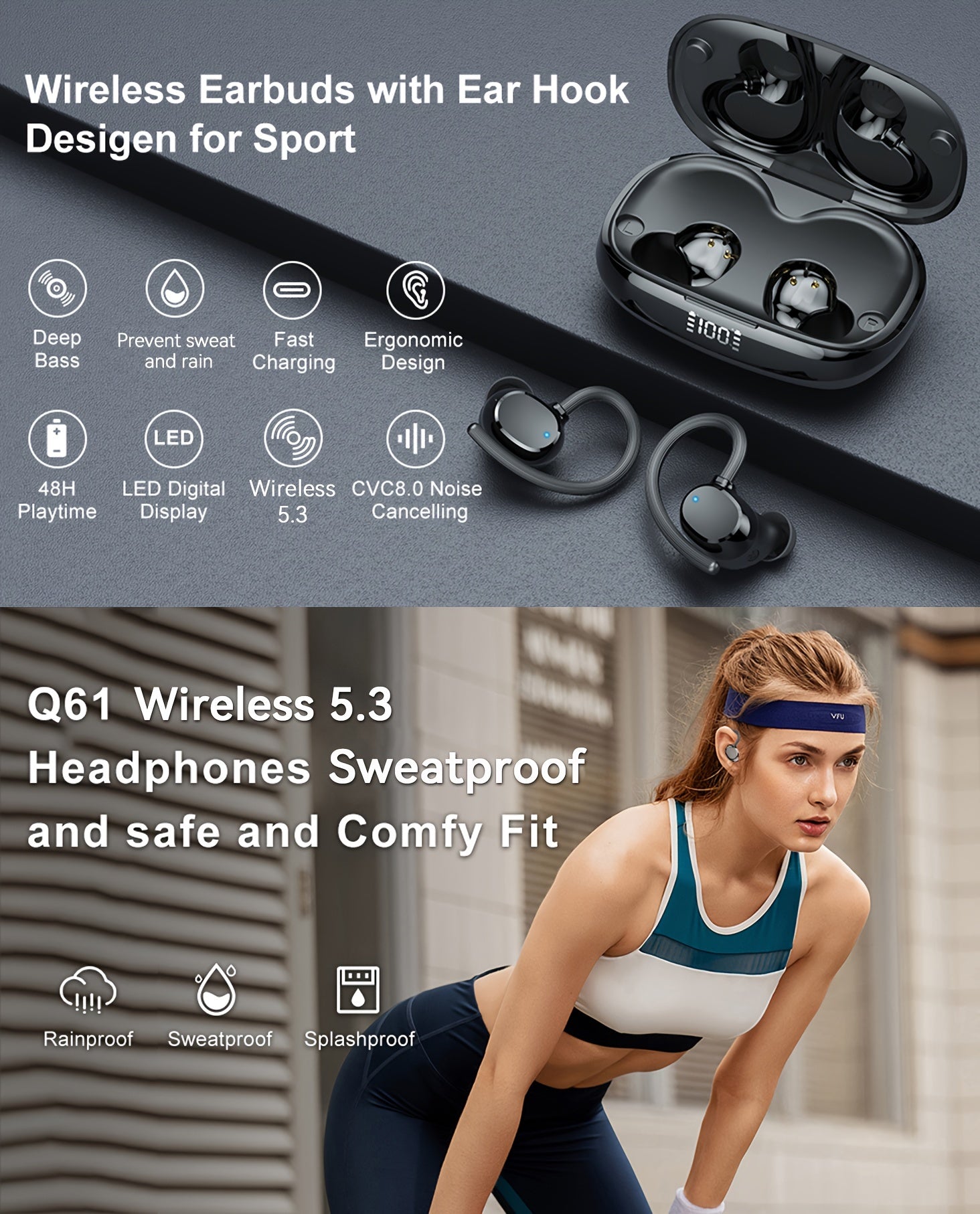 Wireless 5.3 Sports Earbuds | In-Ear Headphones with Hook & Deep Bass (48H Playtime) by Snagg An EarBud