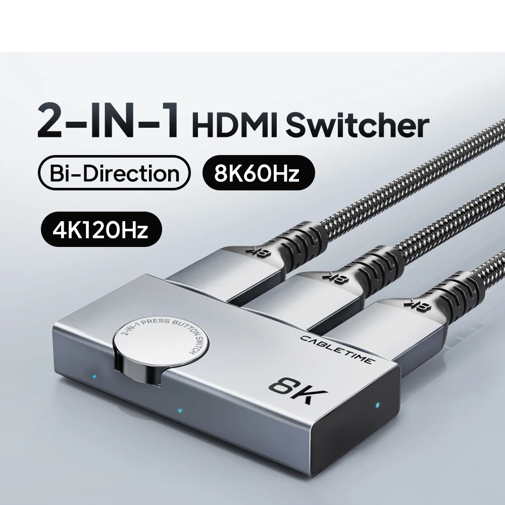 HDMI Switch / Splitter 8K@60Hz / 4K@120Hz 2-in-1 – Aluminum Knob 3D Vision Adapter for Laptop, MacBook & Lenovo